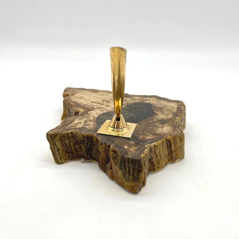 Vintage Petrified Wood Pen Holder with Gold‎ Tone Nib Holder Desk Accessory